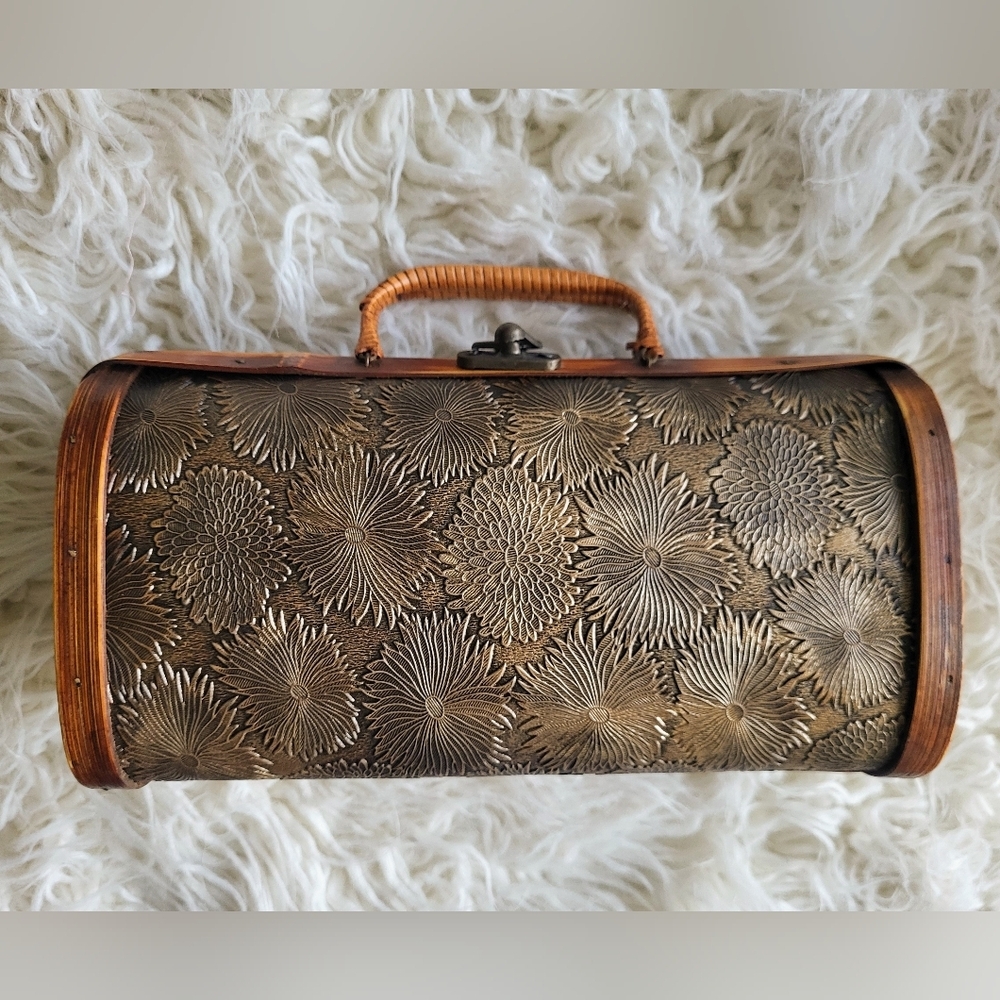 Vintage Embossed Metal & Wood Carry Box with Wrapped Handle